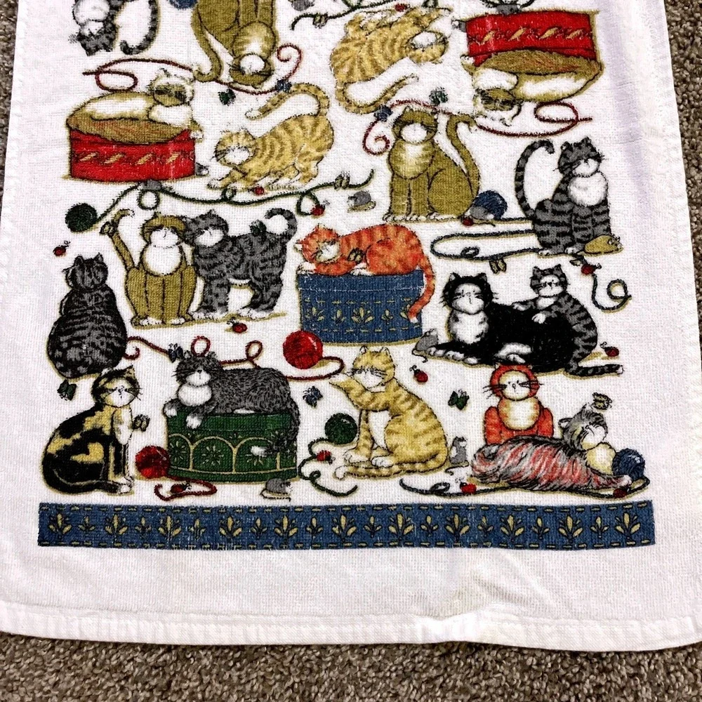 VTG CANNON Hand Kitchen Towel‎ Fringe 70s NOS Cat Yarn Butterfly Ladybug Mouse